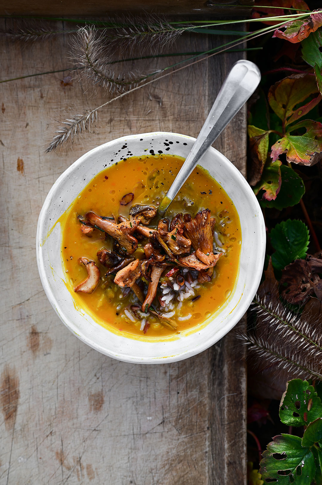 Roasted pumpkin soup with wild rice and miso mushrooms - Serving Dumplings