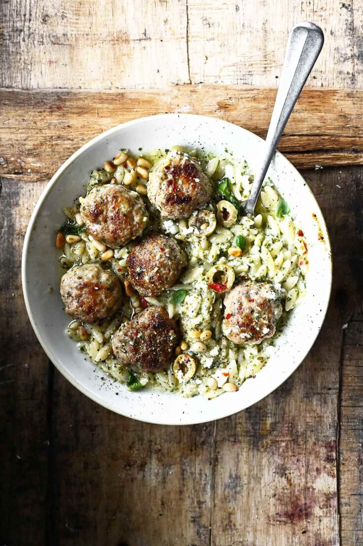 One Skillet Meatballs with Orzo and Feta Pesto - Serving Dumplings