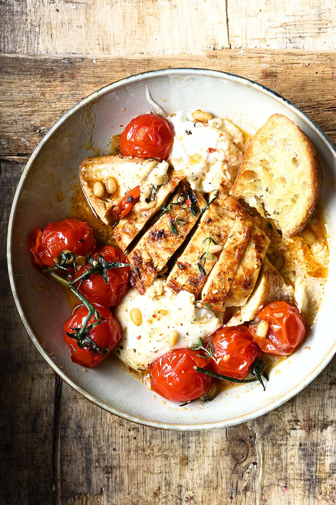 30 Minute Chicken with Braised Tomatoes and Burrata - Serving Dumplings