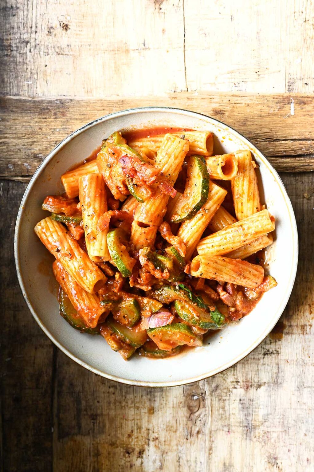 Rigatoni with Zucchini and Bacon - Serving Dumplings