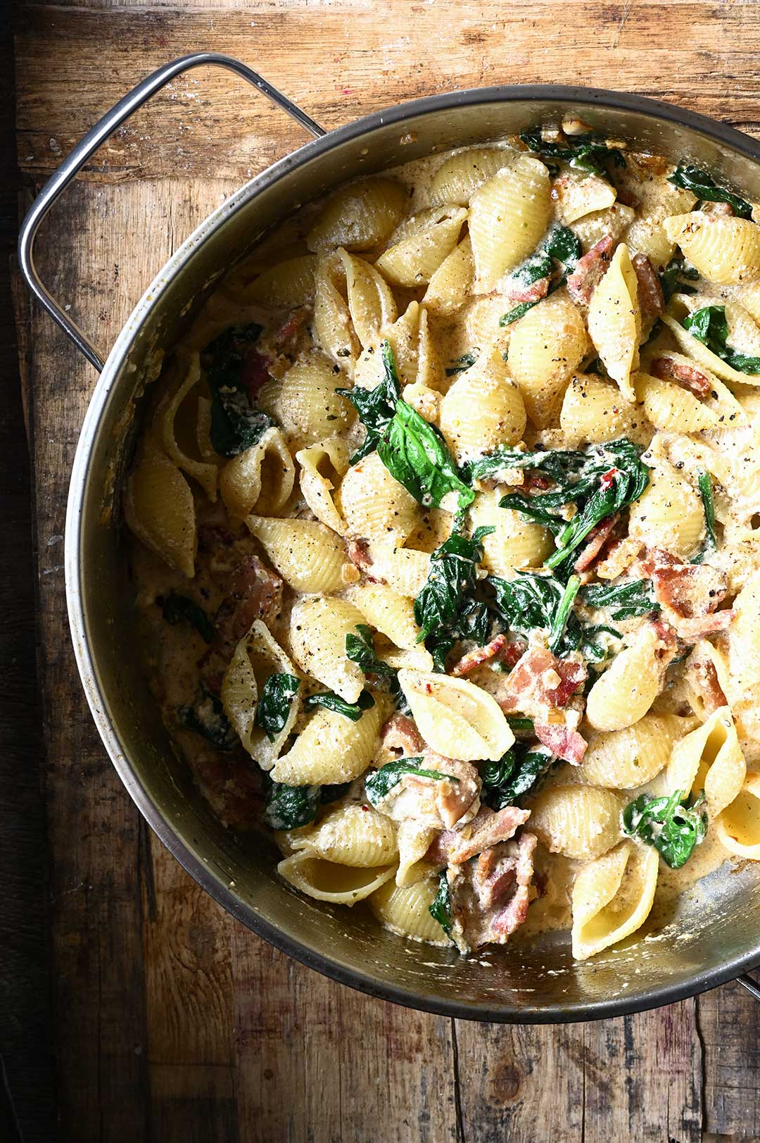 Spinach and Bacon Pasta with Ricotta - Serving Dumplings