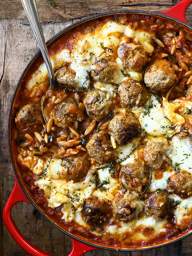 Baked Meatballs with Orzo in Roasted Pepper Sauce - Serving Dumplings