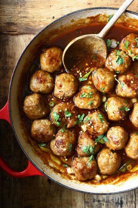 Firecracker Chicken Meatballs - Serving Dumplings