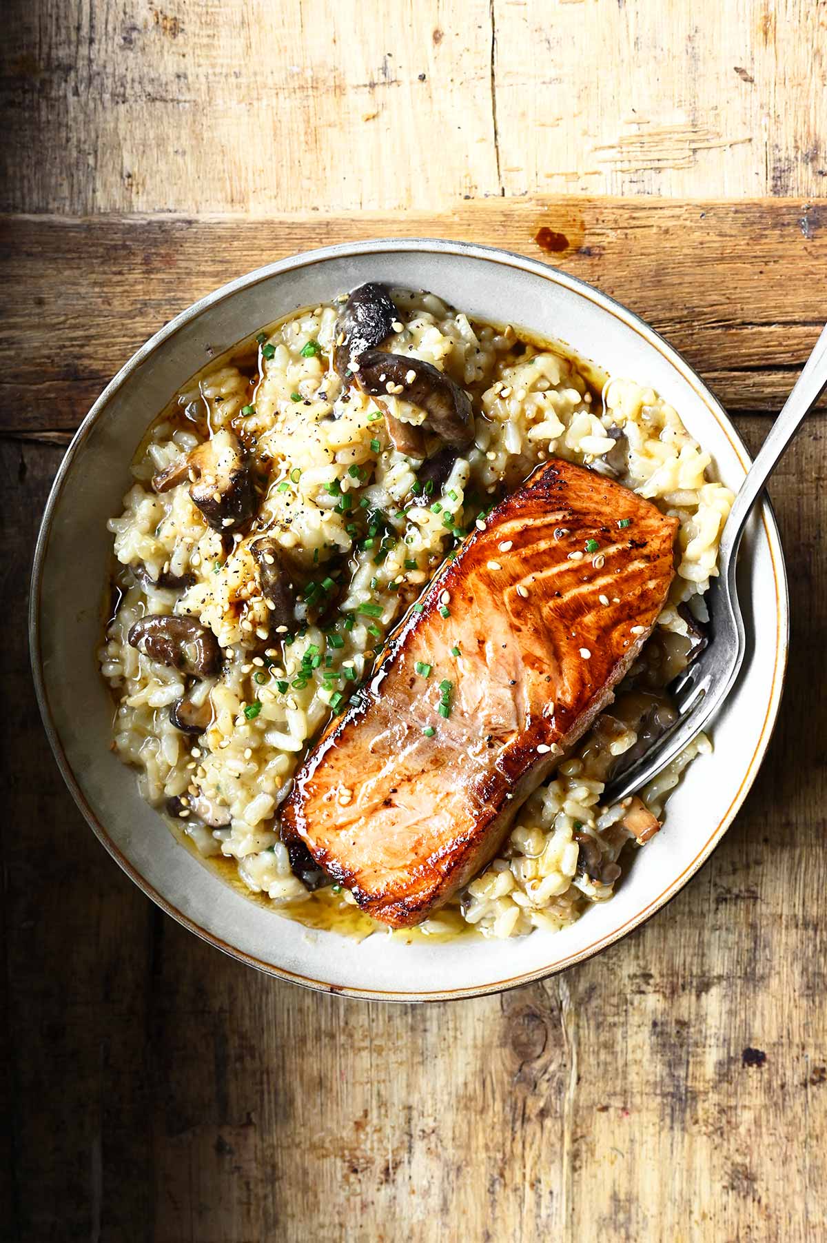 Japanese Style Risotto with Seared Salmon - Serving Dumplings