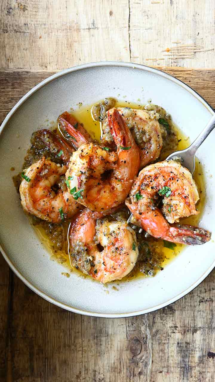 Jumbo Shrimp in Sage Brown Butter Sauce with Sunchokes and Hazelnuts