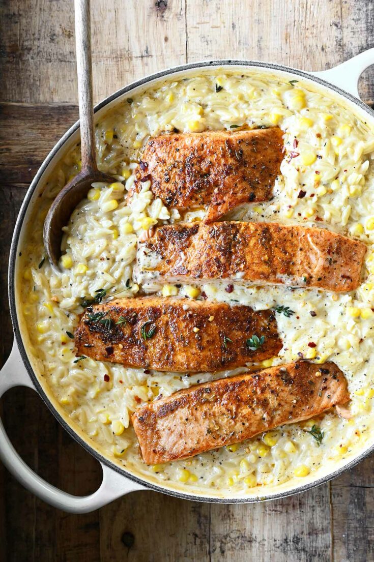 Creamed Corn Orzo with Salmon - Serving Dumplings